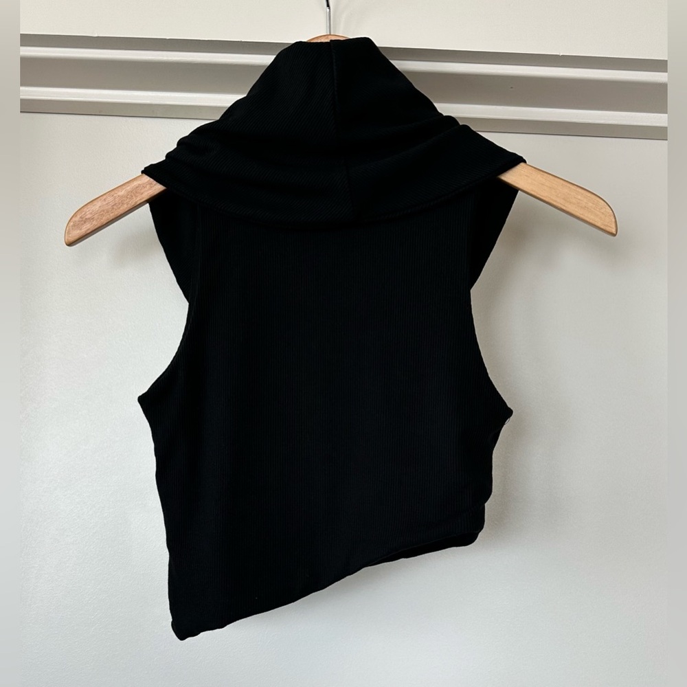 Naked Wardrobe Ribbed Sleeveless Cowl Neck Asymmetrical Crop Top in Black - Picture 6 of 15